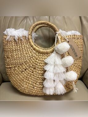 JADEtribe Natural Straw Tote Bag White Tassel Accents Lined